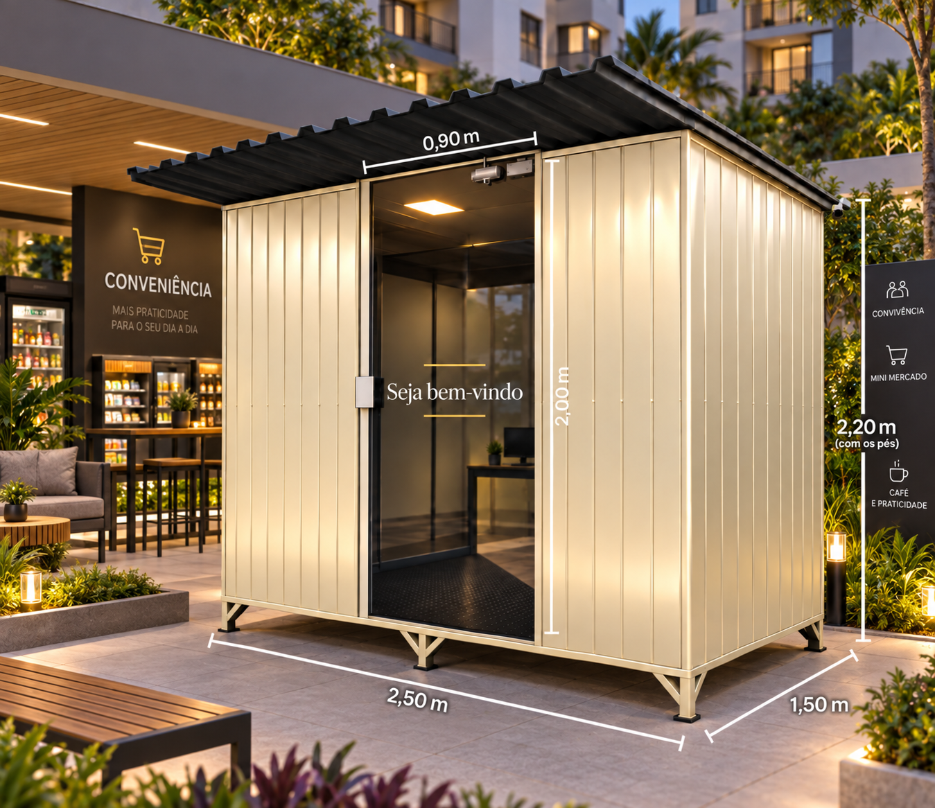 Container Mini Mercado Compacto — referência de container, configuração sob consulta